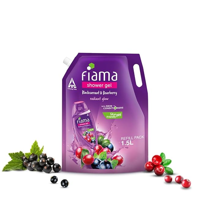 Fiama Body Wash Shower Gel Blackcurrant & Bearberry, 1.3L Bodywash Refill Value Pouch for Women & Men with Skin Conditioners for Radiant Glow, Skin Friendly pH