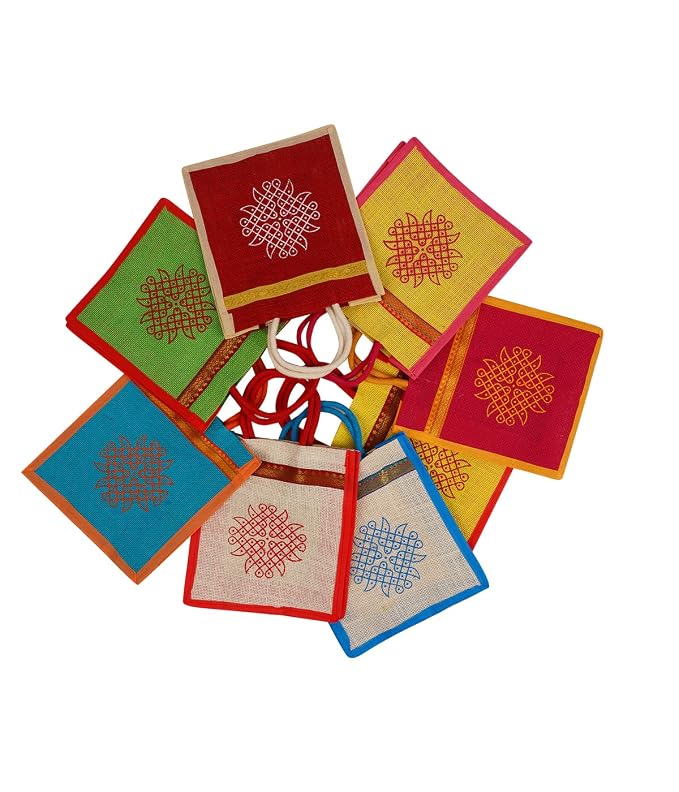 Lakmo Crafts® Jute Bags with contrast kolam print for Return Gifts | Thamboolam bags | Wedding Gifts | Lunch bag | Multicolor 10 * 9 * 4 inches