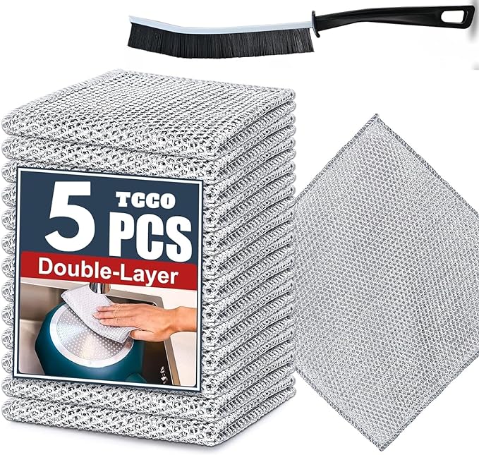 TCCO 5 Pack Non-Scratch Wire Dishcloth & Gaps Cleaning Brush, Multipurpose Wire Dishwashing Rags for Wet and Dry, Easy Rinsing, Reusable, Wire Cleaning Cloth for Kitchen, Sinks, Pots, Pans