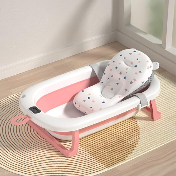 BUMTUM Baby Bathtub & Anti Slip with Temperature Sensor, Bath Chair | Bathtub with Folding Bathing Support |Baby Bath Seat/Sling with Non Slip Suction Base for Babies (Pink)