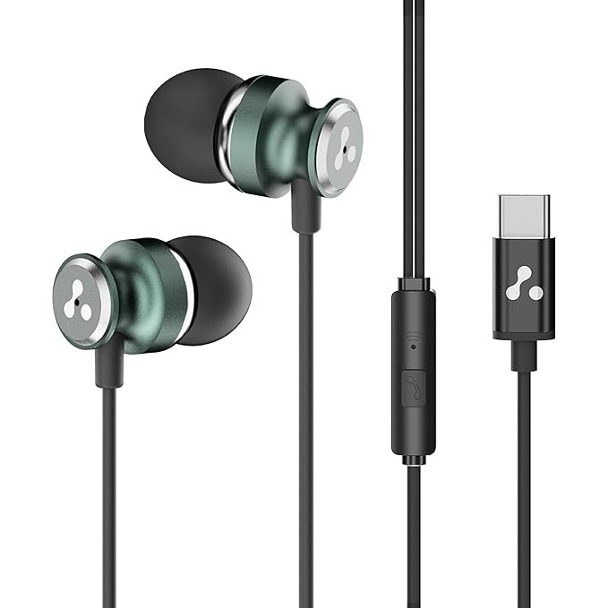 [Apply Coupon] - Ambrane Type-C Wired Earphones, 10mm Bass Drivers, Inline Controls for Type C Smartphones, iPhone 15 & Laptop, 1.2m Braided Anti Tangle Wire with Mic for Clear Calling (Stringz 03, Green)