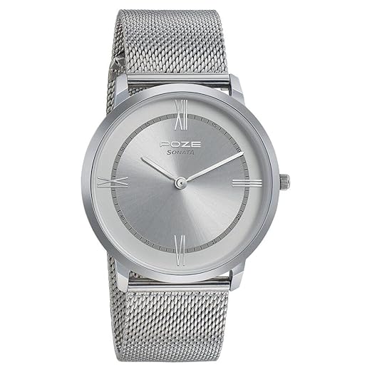Sonata Poze Quartz Analog Silver dial Metal Strap Watch for Men-SP70006SM01