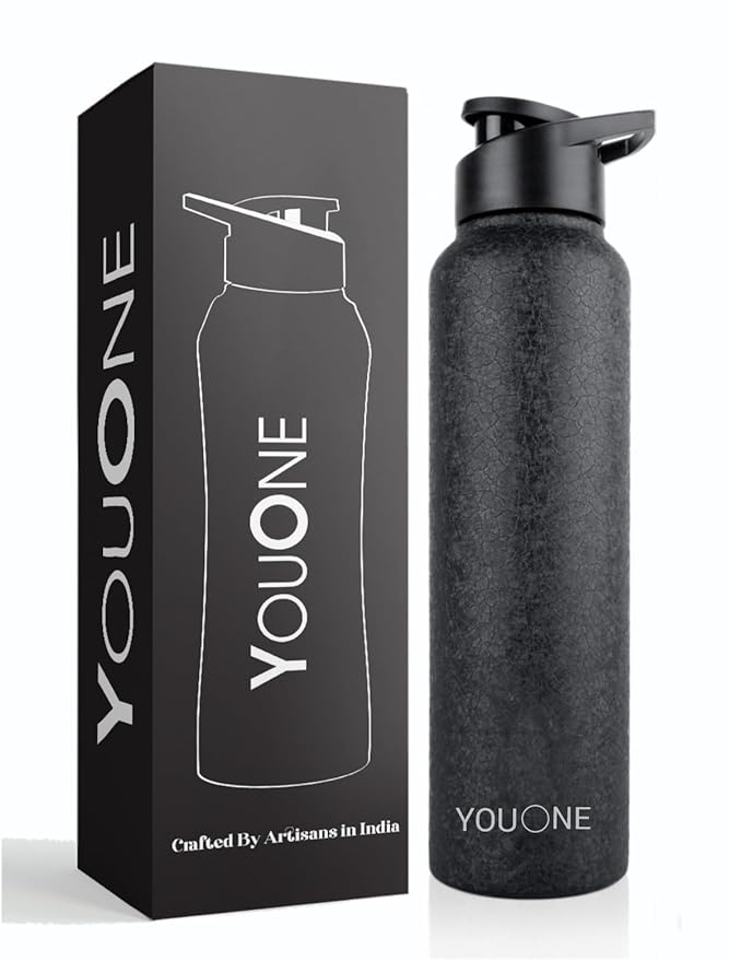 YOUONE Stainless Steel Water Bottle - 1 Litre Leakproof, Rust Free for School, Office, Home, Gym - Black