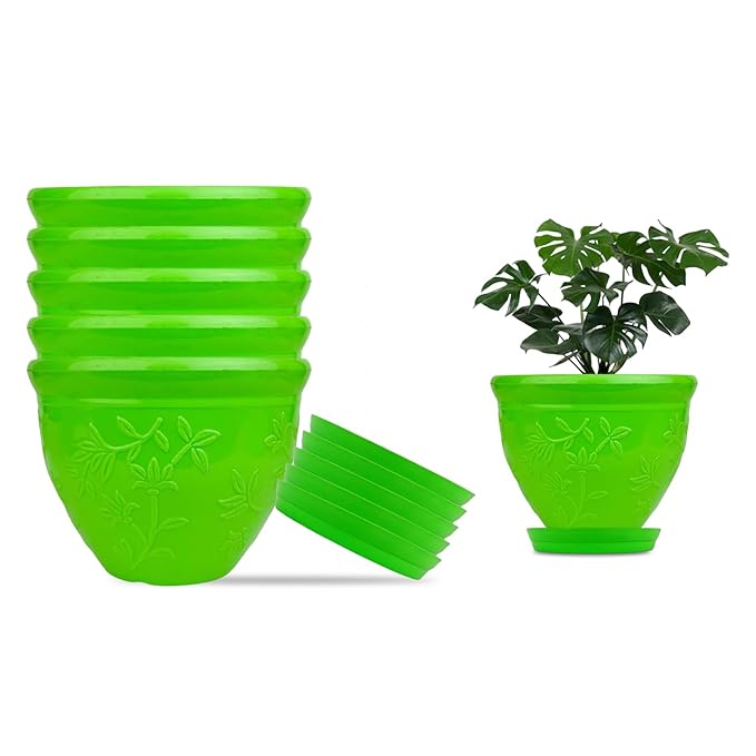 Go Hooked Plastic Planter Pots Set of 6 with Saucer Tray | Flower Pots for Home, Office Garden Dcor | Green 6 Inch Victor Pot for Indoor Outdoor Plants | Stylish & Modern Design Plant Containers