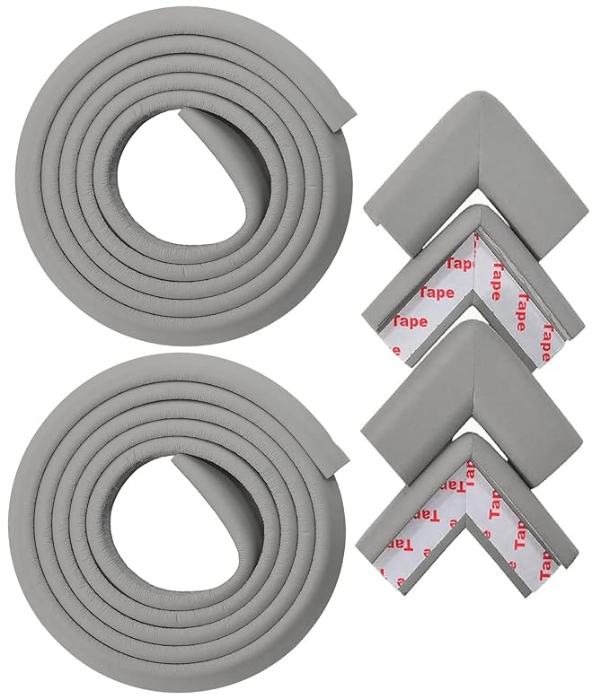 GLUN® Ultra Soft Table Edge & Corner Proofing Guards Multi Colour Extra Long, Washable with Double Side Extra Strong Tape (Table Protector Combo Grey)(2 Sets Table Edge & 4 peices Protector Corner