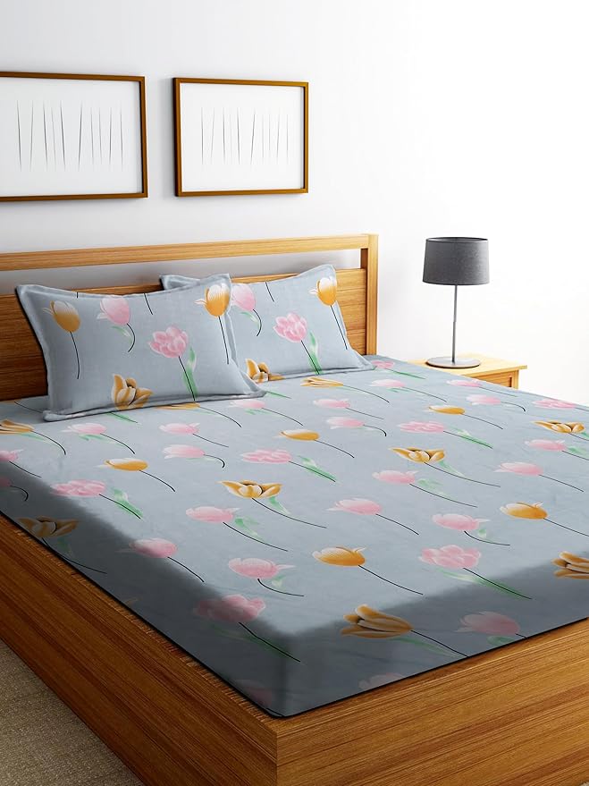 100% Microfiber Bedsheet for Double Bed with 2 Pillow Covers Breathable | Wrinkle Free and Ultra Soft Flat Double Bedsheet Floral Print- Gray, 180 tc