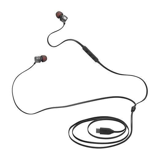 JBL Tune 310 Wired in Ear Type C Headphones, Hi-Res Audio with Digital-to-Analog Converter, 3-Button EQ Preset Remote with Microphone, Tangle-Free Flat Cable, Compatible with USB-C Devices (Black)