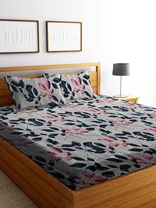 Dream Living Leafy 100% Microfiber bedsheet for Double Bed with 2 Pillow Covers Breathable | Wrinkle Free and Ultra Soft Flat Double Bedsheet Floral Print- Gray and Pink