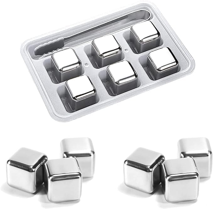 Anup Torda® Stainless Steel Whiskey Stones  -  Reusable Chilling Ice Cubes for Drinks  -  High Cooling Rocks with Tongs & Storage Box  -  Gift for Men  -  Pack of 6