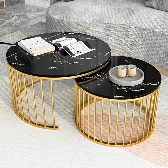 Rakhi Arts Premium Round Set of Coffee Tables Set 2 Piece Nesting Stackable Center Tables or Tea Table Set with Metal Frame for Living Room Bedroom Home Decor (Gold Black)