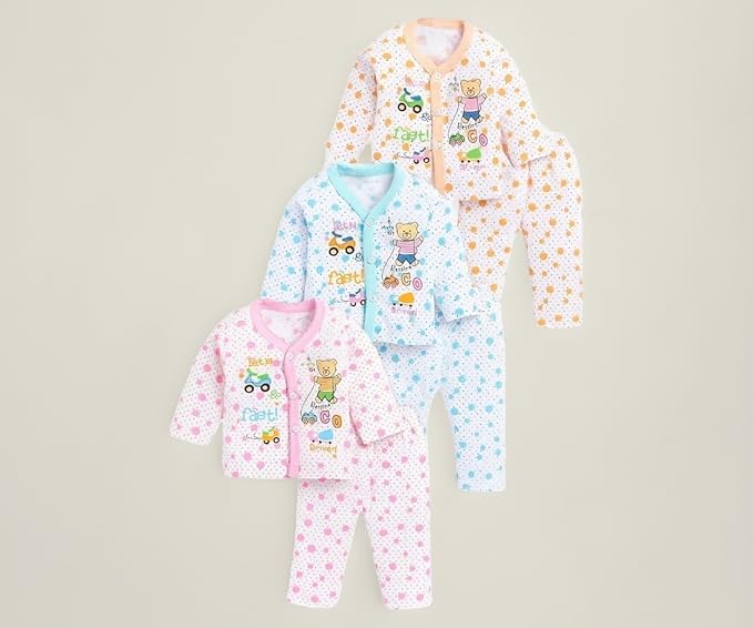 BONUM Baby's Boy's Girl's 100% Cotton Button Shirt with Pyjama Pant Set of 3 New Born Baby Clothes