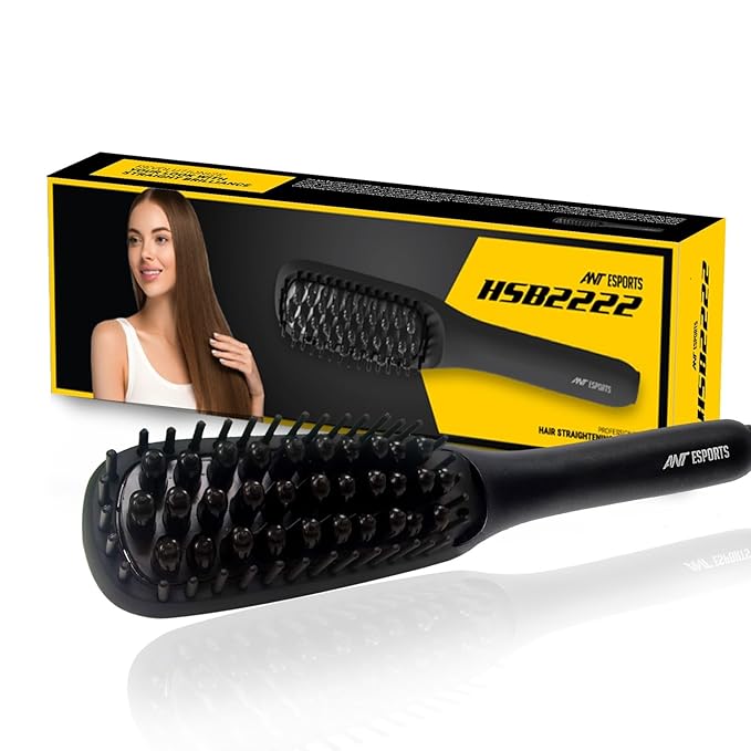 Ant Esports HSB2222 Hair Straightener Brush, Fast Heating Straightening Comb with Anti Scald & On-Off Safe, Portable Travel Flat Iron Brush, Frizz-Free Hair Care Silky Straight Heated - Black