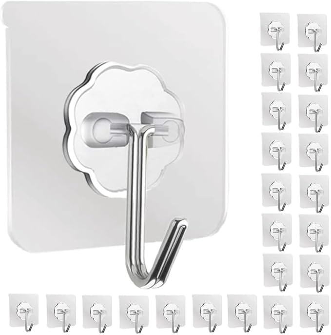 Wazdorf Stainless Steel Self Adhesive, Heavy Duty Sticky Hooks for Hanging 10Kg (Max), Waterproof Transparent Adhesive Hooks for Wall, Wall Hangers for Hanging Kitchen (Flower Hook, 30Pcs)