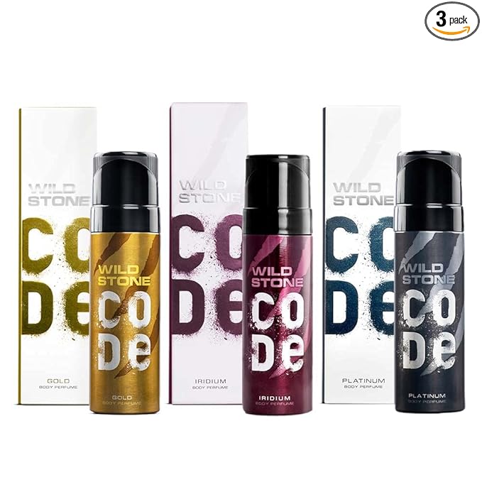 Wild Stone CODE Gold, Platinum and Iridium Body Perfume for Men, Pack of 3 (150ml each)|No Gas Deodorant|Long Lasting Body Spray