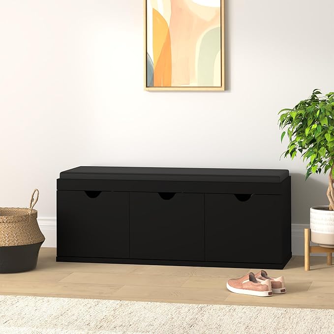 [Apply Coupon] - Amazon Brand - Solimo Andro Engineered Wood 3-Door Shoe Rack with Cushion Seat (Wenge Finish) | Store Upto 12 to 15 Pairs