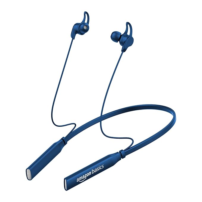 [Apply Coupon] - AmazonBasics in Ear Bluetooth 5.0 Wireless Neckband with Mic, Up to 13 Hours Playback Time, Magnetic Earbuds, Noise Cancellation, Voice Assistant, Dual Pairing and IPX5 Rated (Blue)