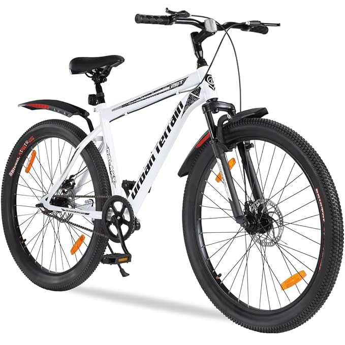 Urban Terrain Galaxy Pro High Performance Steel Mountain Cycles for Men with Front Suspension & Dual Disc Brake MTB Bike 26T Single Speed | Ideal for 13+ Years, Unisex, Frame Size : 17 inch, White