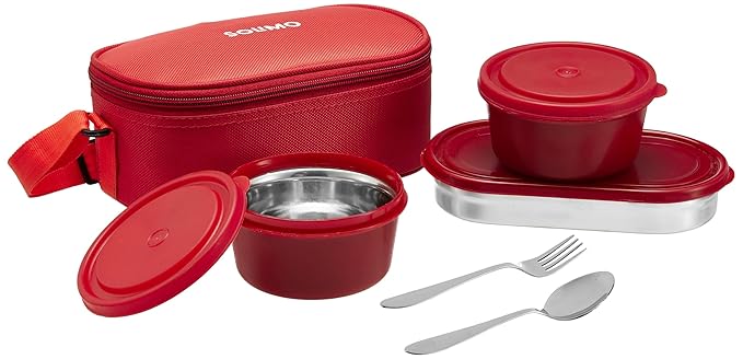 Amazon Brand - Solimo Lunch Box 3 Pcs Meal Holder - Red (Roti Container) | Stainless Steel