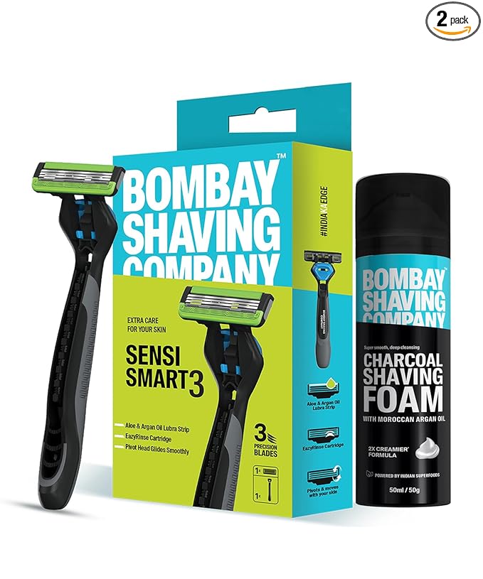 Bombay Shaving Company Sensi Smart 3 Razor and Charcoal Shaving Foam Combo | 3 Blades Shaving Razor For Men | Charcoal Shaving Foam, 50g