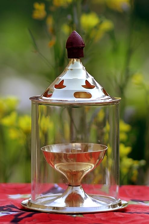 Heaven Decor Brass and Glass akhand deep Diya with Cover for Puja | Deepam Jyot Diya Oil Lamp | Pooja Articles and Pooja Items for Home Temple 4.8 inch