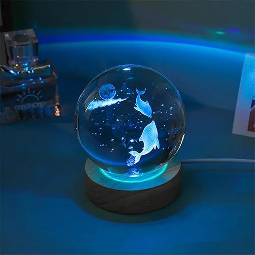3D Dolphin Crystal Ball Night Lamp,Dolphin Crystal Ball Night Light with USB Cable Colorful LED Wooden Ball for Home Decoration Birthday Gift