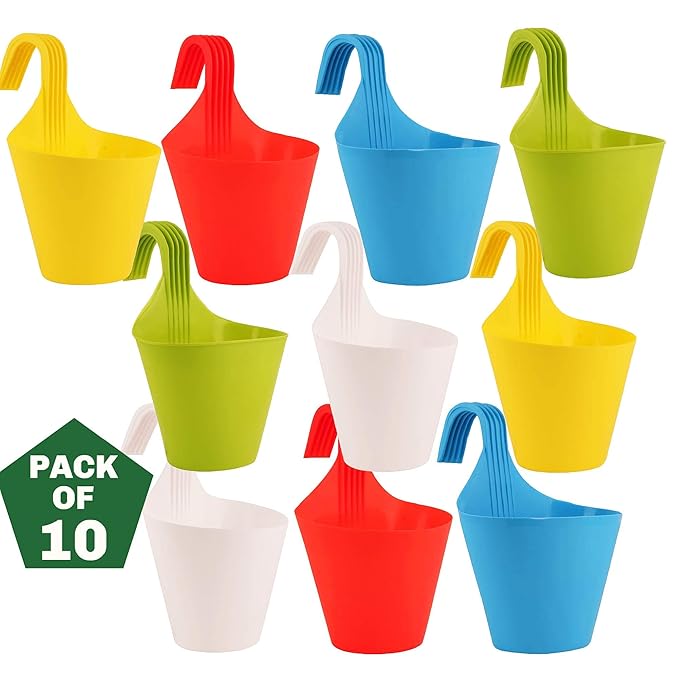 Ocean Mart Plastic Hanging Planters - 10 Pcs (8 Inch, Multicolor) | Flower Hanging Pots for Home & Balcony Garden | Hanging Planters for Home Plants | Hooked Hanging Pots
