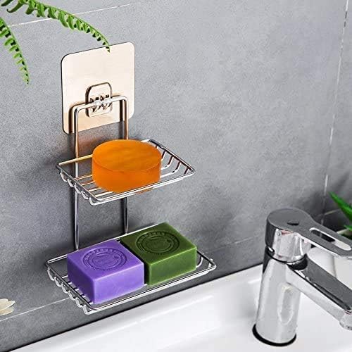 Leawall Wall Mounted 2 Layer soap Dish Rack Stainless Steel Wall Hanging Soap Storage holder for Kitchen Bathroom-with Self Adhesive Magic Sticker