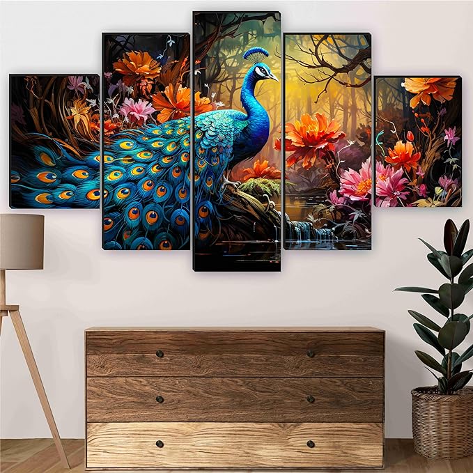 [Apply Coupon] - SAF Peacock Paintings for Wall Decoration - Set Of Five, 3d Scenery Vastu Painting for Living Room Large Size with Frames for Home Decoration, Hotel, Office 76.2 cm x 45 cm SANFPNLS35471