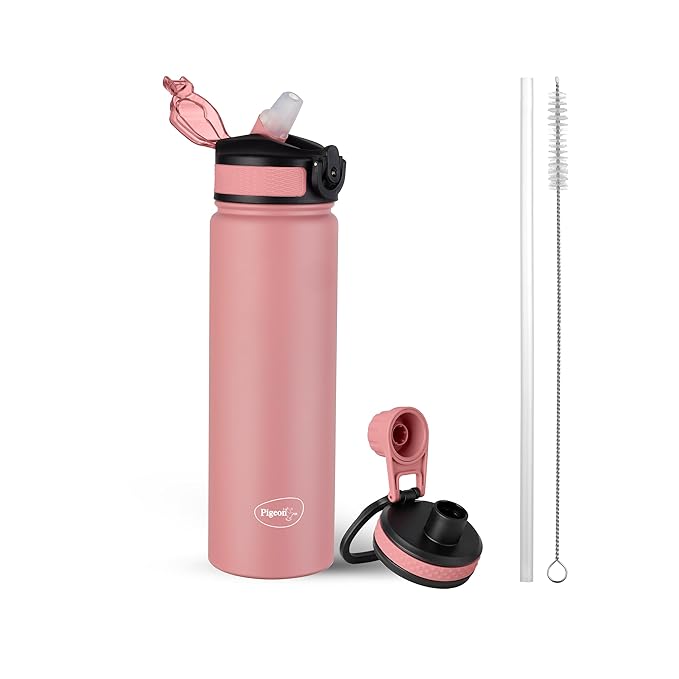 Pigeon by Stovekraft Rush Thermos Stainless Steel Sipper Flask 750ml with Straw,Cleaner and Additional Screw Cap| 24 Hours Hot and Cold|Ideal Usage for Office Men/Women|School/College|Travel|Pink