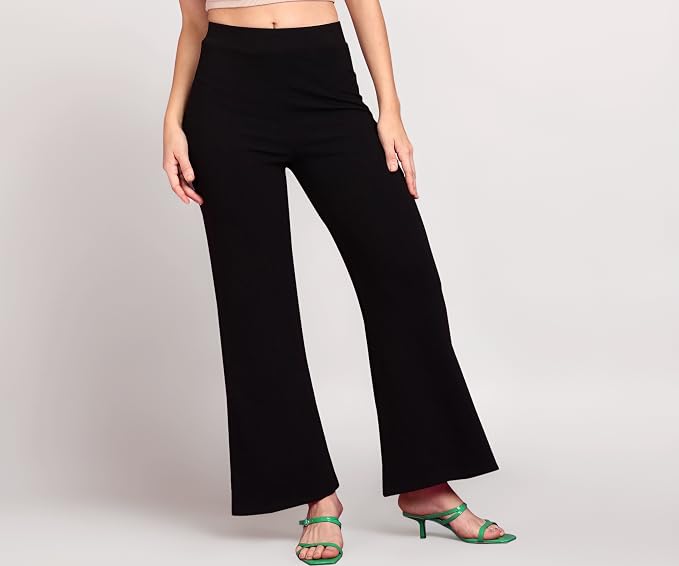 POPWINGS Casual High-Waist Flared Trouser for Women | High-Rise Trouser Pant for Women | Flared Trousers for Women Formal Office Wear