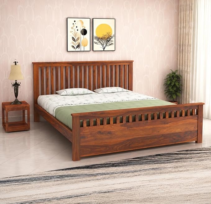 Wooden Queen Size Bed Without Storage | Wooden Double Bed Cot Bed for Bedroom Furniture | Palang Double Bed for Hotels | Solid Sheesham Wood, Honey Finish