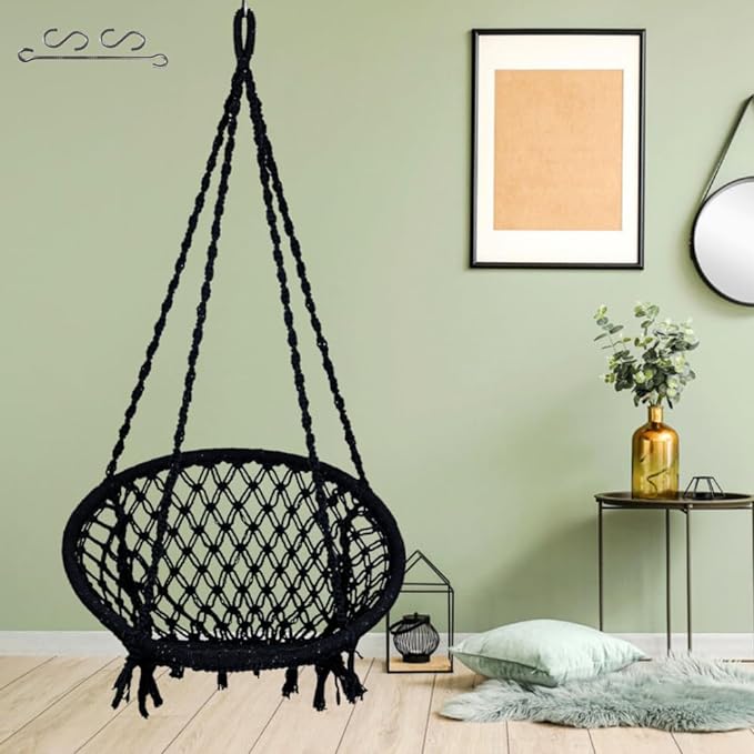 Patiofy Swing For Adults For Home/Swing For Adults/Jhula For Adults/Wooden Swing For Living Room/Swing For Balcony/Cotton Round Hammock Hanging Swing Chair With Hanging Kit Black, 66 Cm, 45 Cm, 148 Cm