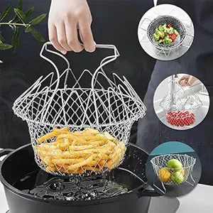 KANISYA Foldable Food Deep Frying Basket for Kitchen Multifunctional Cooking Steam Rinse Deep Frying Stainless Steel Basket Strainer Net Fried Filter Drainage Rack for Fried Food or Fruits (Pack Of 1)