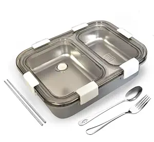 PRIME DEALS Lunch Box Sealed Leakage Proof Stainless Steel Lunch Box with Fork Chopstick&Spoon Lid Office Food Container for School Kids and Adults 750ml (Grey, 2 Compartment)