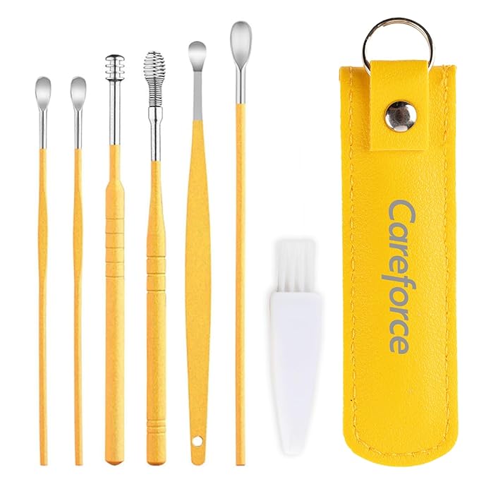 Careforce - The Force Behind Your Health Ear Cleaning Kit Steel Ear Cleaner Reusable Ear Wax Remover Tool Kit Set With Storage Pack, Ear Curette Cleaner And Spring Ear Buds Cleaner 6 Pcs Set Yellow