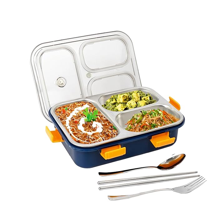 Lunch Box Sealed Leakage Proof Stainless Steel Lunch Box with Fork,Chopstick & Spoon Lid Office Food Container 3 Compartment for School Kids and Adults, 750ml