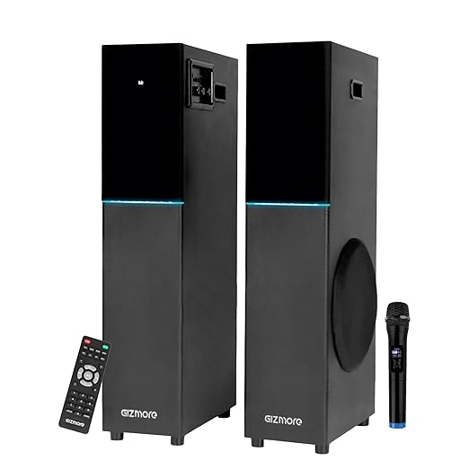 GIZMORE DT11500 120W Dual Tower Wooden Speaker with UHF Wireless MIC, Digital LED Display & RGB Lights, Volume & Bass Control, Karaoke and Party Speaker with Multiple Connectivity