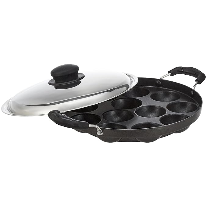 Amazon Brand -Solimo Aluminium Non-Stick Appam Patra - 12 Cavities 22.8 cms | 2 Side Handles with Stainless Steel Lid | 2-Layered PFOA, PFOS and Toxin-Free Coating | Appam Pan | Litti Maker (Black)