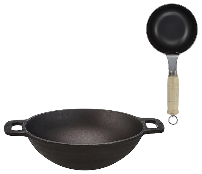 amazon basics Cast Iron Pre-Seasoned Kadai with Iron Tadka Pan | Induction & Gas Stove Compatible | 2.5 L | 26 Cm, 12.8 Cm | Black