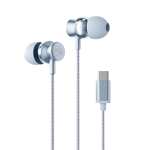 ZEBRONICS Buds C10 in-Ear Type-C Earphone with in-line Mic, Metallic Design, Volume Control, 1.2m Cable, 10mm Driver, (Light Blue)