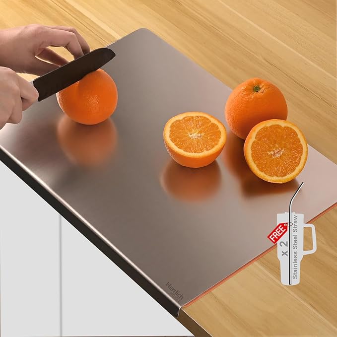 [Apply Coupon] - Herrlich Homes Compact 304 Stainless Steel Chopping Board with Lip for Kitchen | Free 2 Steel Straw | Usable from Both The Side | for Cutting Vegetables, Meat,Fish,Fruits | 35 x 30 cm