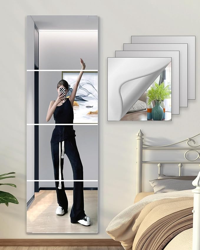 UNBREAKABL MIRO Shatterproof Full Length Mirror Tiles, 4-Piece Set, 16x16 Inch, Frameless Plexiglass Acrylic Plastic, Wall Mounted, Home Gym, Workout, Bedroom