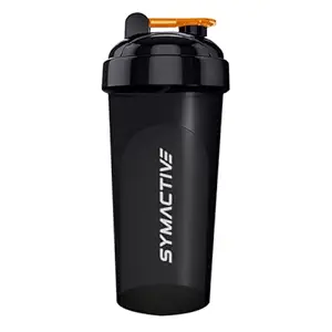 Amazon Brand - Symactive Plastic Shaker Bottle with Mixer Ball and Carry Loop | Protein Shaker | Leak-Resistant | (700ml, Black)