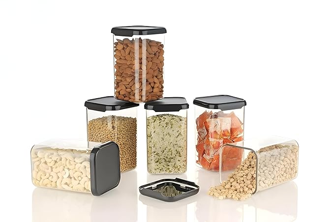 Homeor Plastic Storage Jar & Container Set Air-Tight BPA Free Modular Containers for Kitchen Storage Kitchen Organizer & Kitchen Storage Pantry Organization Multipurpose Jar 1100 ML Set of 6, Black