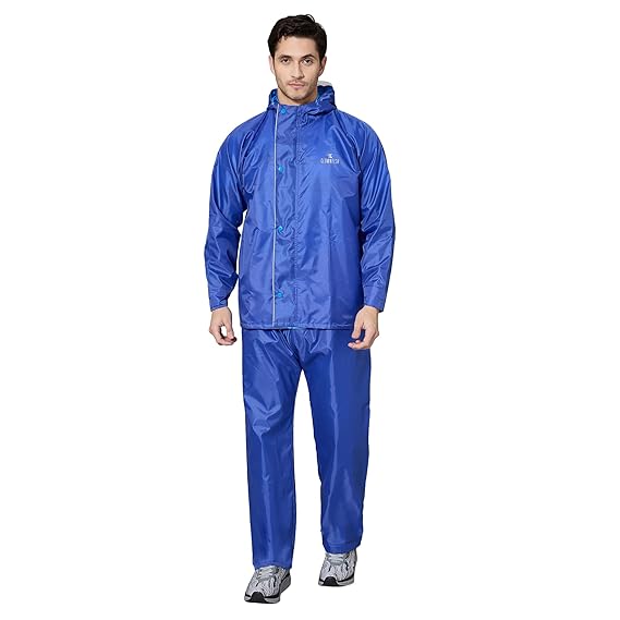 THE CLOWNFISH Men's Polyester Waterproof Standard Length Raincoat Double Coating Reversible Rain Suit With Hood & Inner Mobile Pocket, Set Of Top And Bottom.