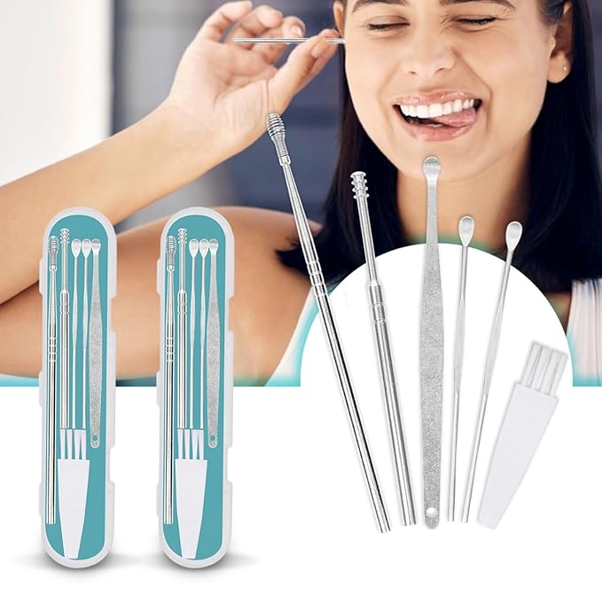 VFK by Trendy Home Ear Cleaning Kit (Pack of 2), Reusable Ear Wax Cleaner Tool Set with Storage Box - Ear Wax Remover Tool Kit with Ear Curette Cleaner and Spring Earbuds Cleaner (6 Pcs, Stainless Steel)