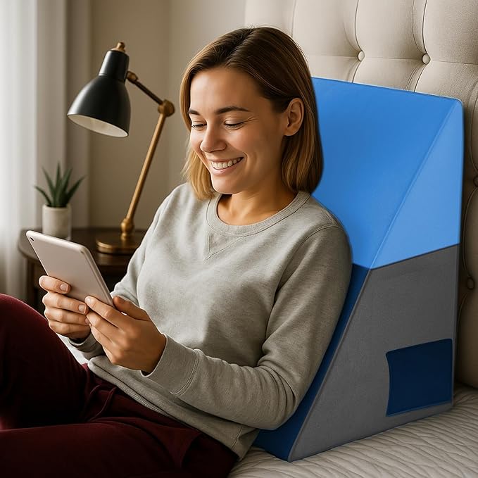 Sleepsia Wedge Cushion | 1 Year Warranty | Wedge Pillows for Bed, Orthopedic Memory Foam Back Support Pillow for Bed | Acid Reflux, Pregnancy, GERD & Leg Support- Grey/Blue Gel, 20" Lx17.4 Wx10 H