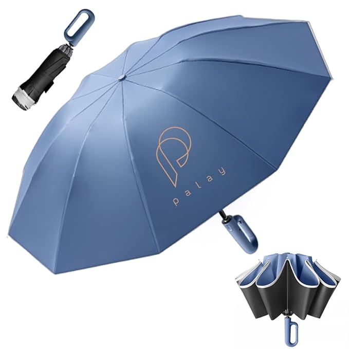 PALAY® Umbrella for Rain Big Size with Reflective Strap, 3 Fold Travel Umbrella for Sun Protection, Windproof Reinforced 10 Dual Ribs, Automatic Open/Close