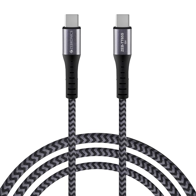 ZEBRONICS TT65S Type C - Type C Braided Cable, 65 Watts PD, Rapid Charging Cable, Charge & Sync, 1M, Compatible with iPhone 15 | Samsung | OnePlus | Xiaomi | Realme | Oppo (Black + Grey)