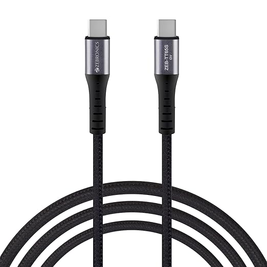 ZEBRONICS TT65S Type C - Type C Braided Cable, 65 Watts PD, Rapid Charging, Charge & Sync, 1 Meter, Compatible with iPhone 15 | Samsung | OnePlus | Xiaomi | Realme | Oppo (Black)